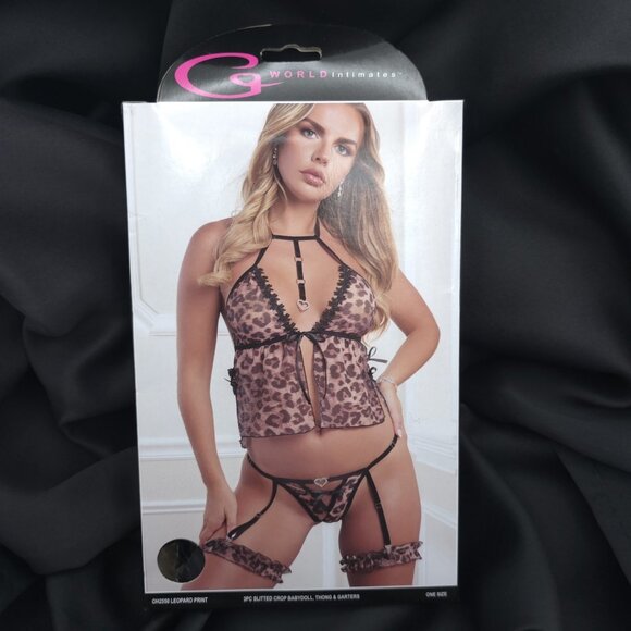 Leopard Lace Babydoll Lingerie Set 3pc Slitted Crop Thong & Garters One Size - Picture 2 of 7